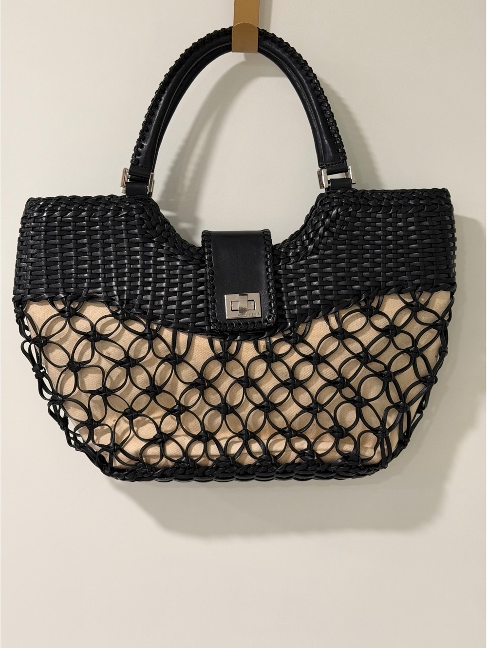Vintage Y2K Rafē New York Black Woven Leather Floral Handbag Purse